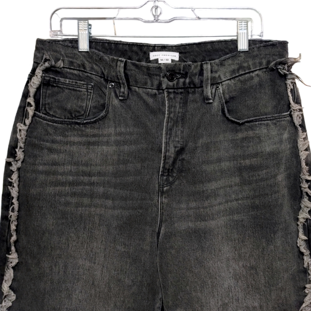 Good American Good Boy Dark Wash Frayed High Rise Slim Leg Jeans Women's Size 14 - Picture 7 of 13